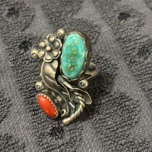 Artisan Silver Ring with Turquoise and Coral Navajo Native American
